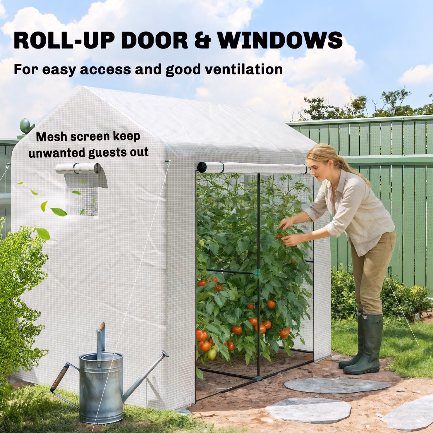 Outsunny White Walk-in Outdoor Tomato Greenhouse with Roll-up Door and Mesh Windows, W/D/H: 140 x 200 x 200 cm – 4