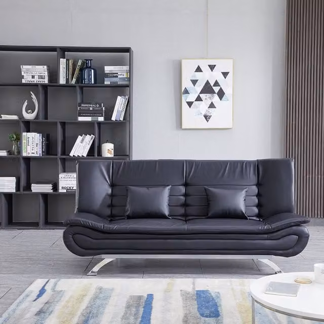 Livingandhome 2-Seat Modern Convertible Synthetic Leather Sofa Bed in Black