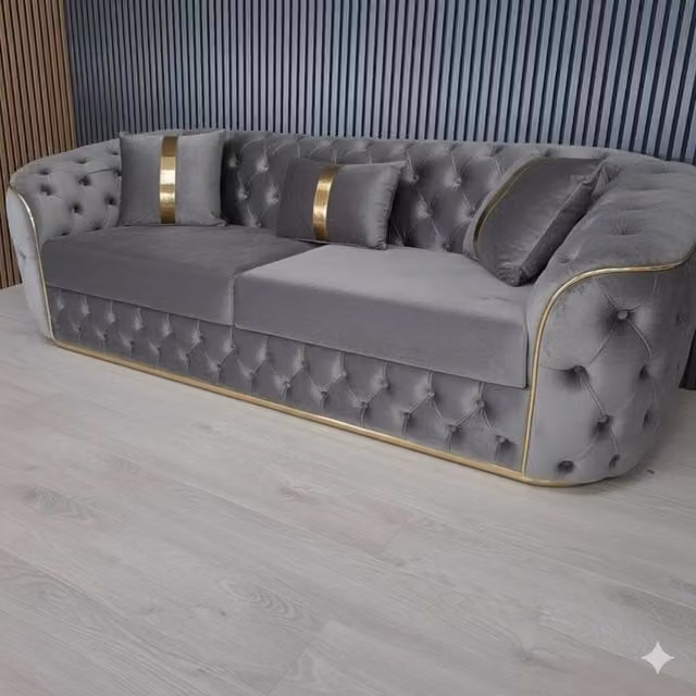 Stratus Interiors Ambassador Chesterfield Sofa in Grey Velvet with Gold Trim