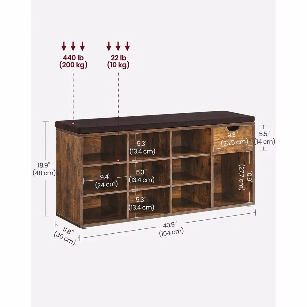 VASAGLE Modern Brown Shoe Rack and Hallway Bench with Fabric Cushion, Width: 104 cm – 2