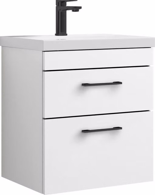 Balterley 2 Drawer Wall Hung Vanity Basin Unit in Gloss White with Black Handles, Width: 50 cm