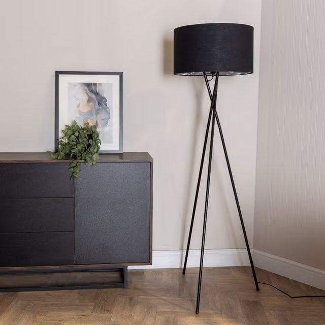 ValueLights Camden Black Tripod Floor Lamp with Silver Metallic Drum Shade