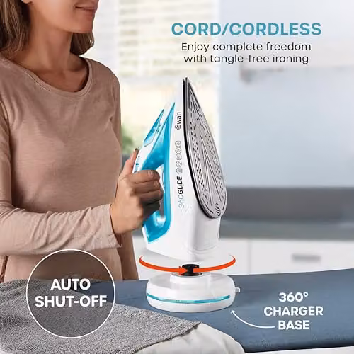 Swan 2500W Cord or Cordless Steam Iron with Non-Stick Ceramic Soleplate and Vertical Steam, Blue – 2