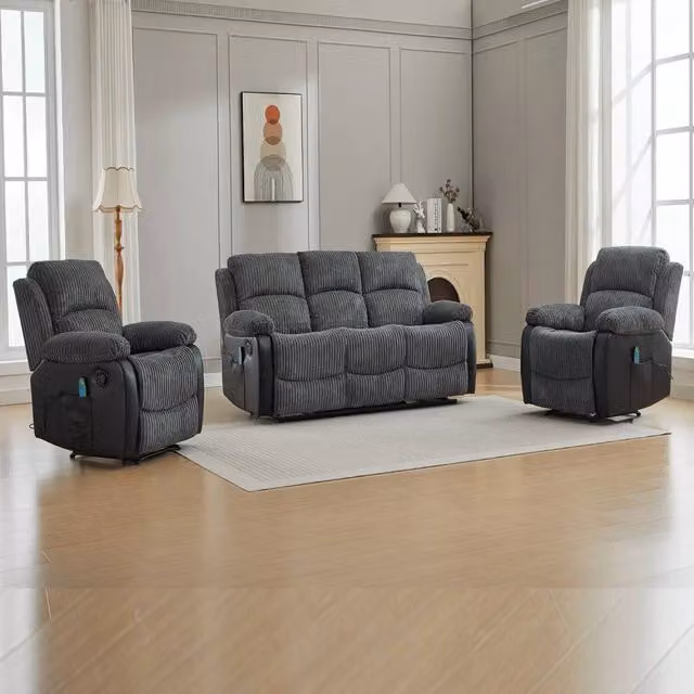 FURNITURE ONE Grey Corduroy Fabric Electric Massage Sofa Set, 3+1+1 Seater – 1