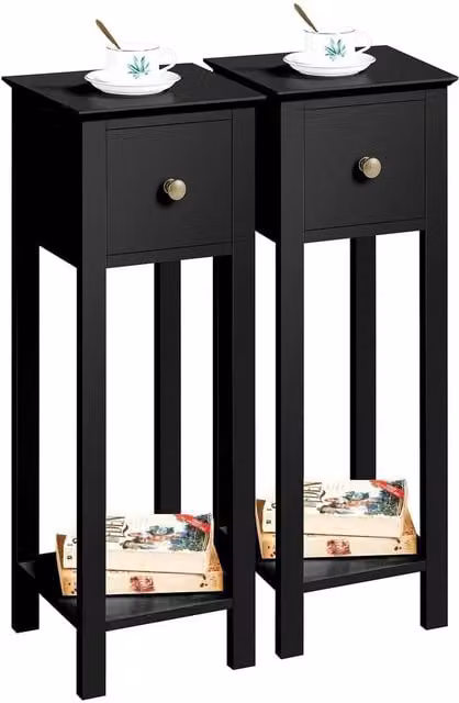 FORGEVIO Black Slim Bedside Table Set of 2, Minimalist Narrow Wooden Nightstands – 1