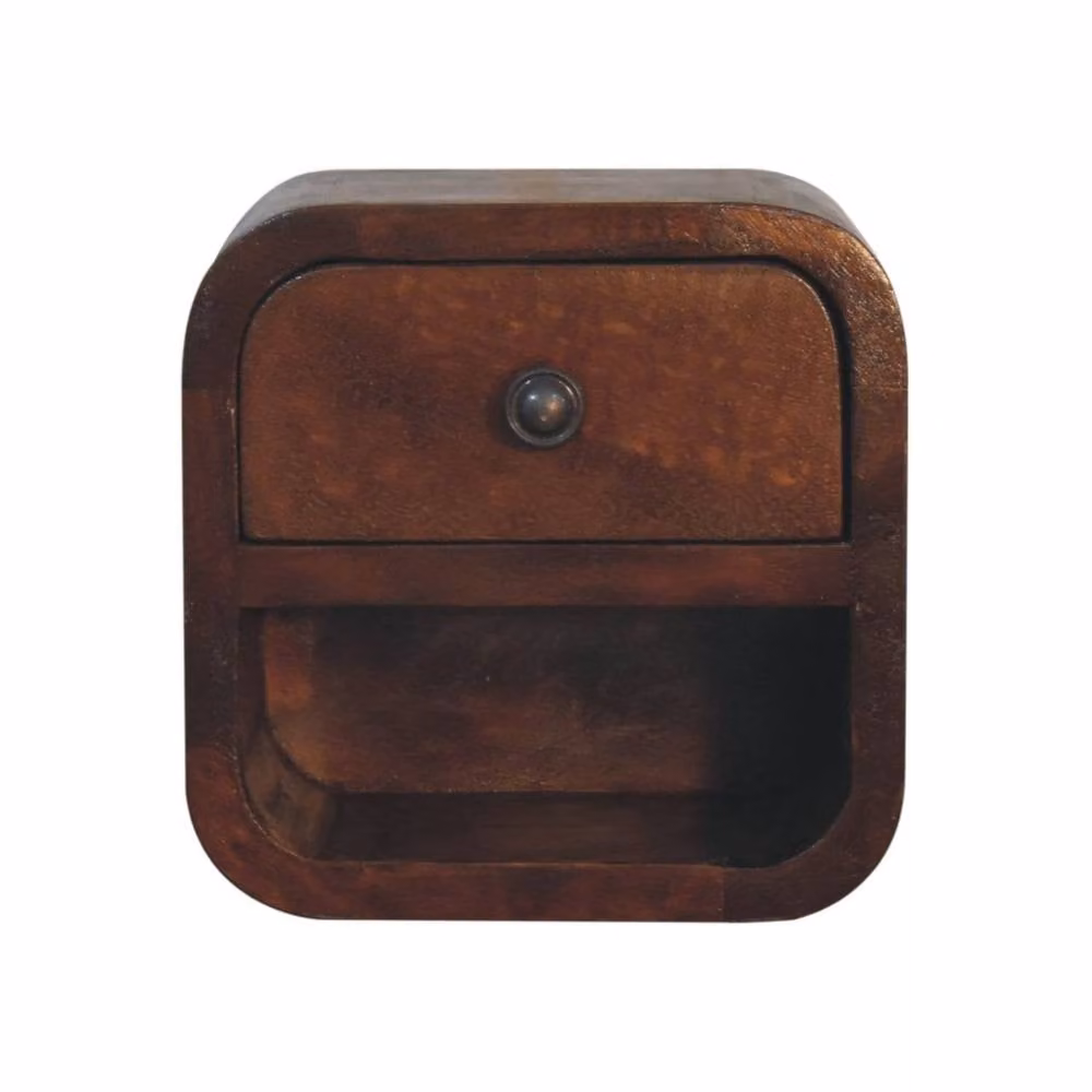 Wyld Haus Cagliari Small Curved Chestnut Bedside Table with Drawer and Open Shelf in Brown – 2