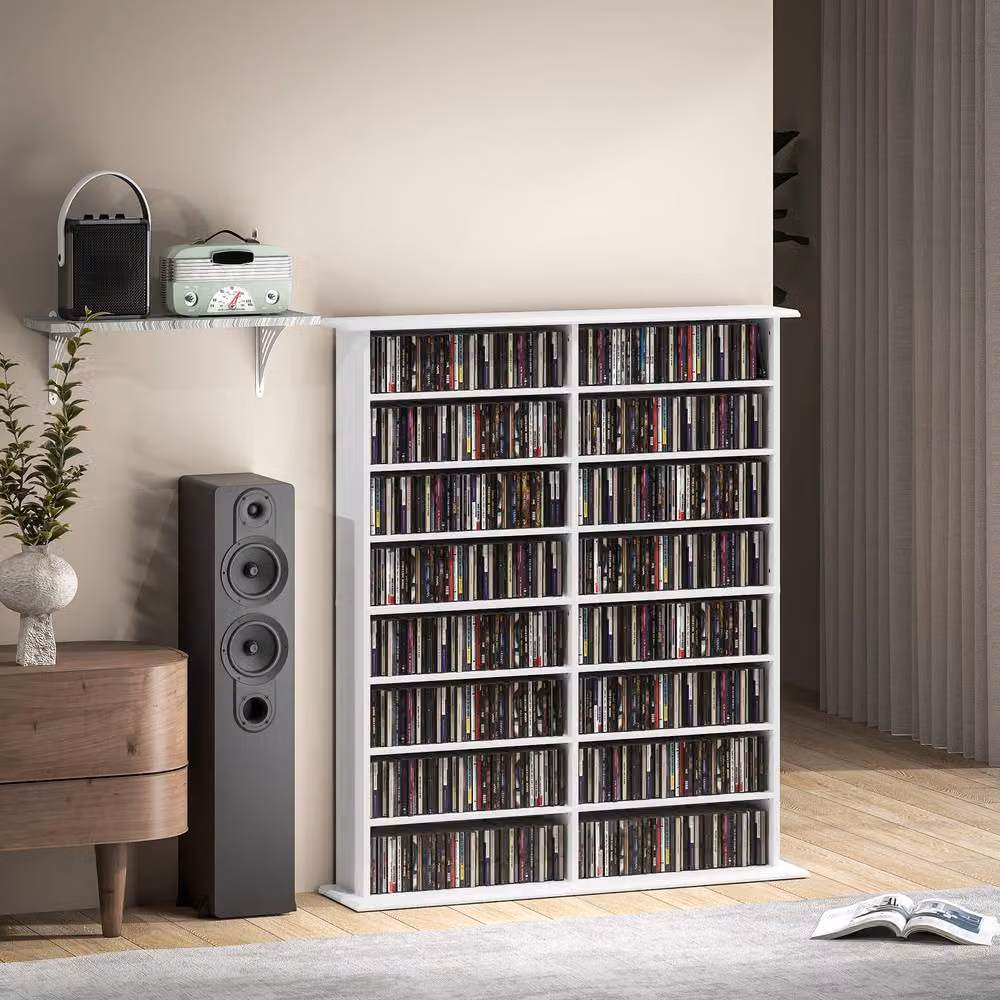 Rolipo Modern White Wall Mounted CD DVD Media Storage Shelf with Adjustable Shelves and Back Panel – 8