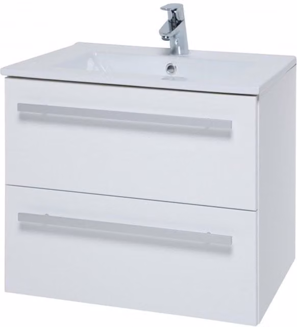 Clifton White Glossy Wall Hung Bathroom Unit with 2 Drawers and Ceramic Basin, W: 60 cm, D: 45 cm, H: 50 cm