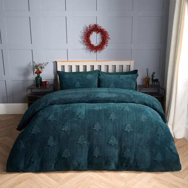 OHS Winter Tree Tufted Teddy Fleece Duvet Cover Set, Green, 180 x 200 cm