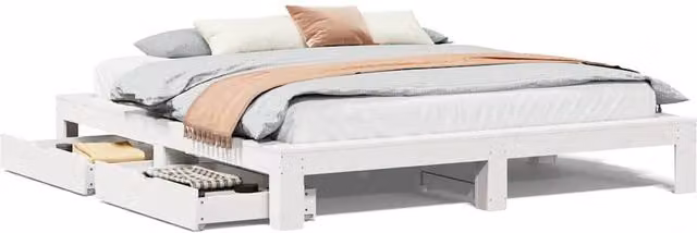 Berkfield Home White Solid Wood Pine Bed Frame with Drawers 200 x 200 cm