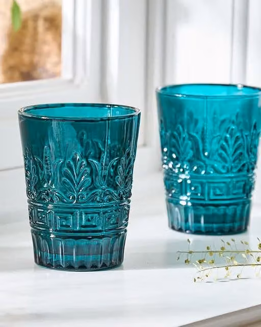 Dibor Set of 2 Blue and Turquoise Art Deco Geometric Embossed Glass Tumblers, 280ml per glass – 1