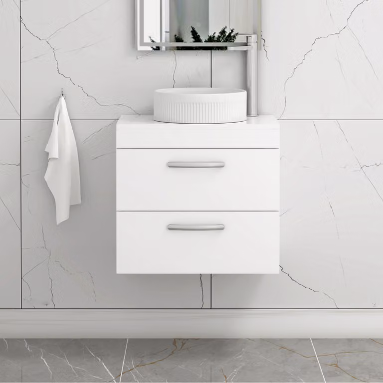 Royal Bathrooms Turin Wall Hung Vanity Unit with 2 Drawers and Round Countertop Basin, Gloss White