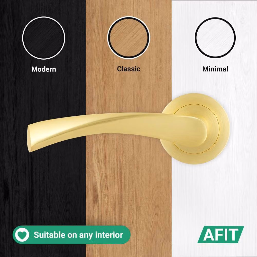 AFIT Novi Satin Brass Door Handle Rosette Set with Latch and Hinges in Gold, Rose Diameter: 100 mm – 5