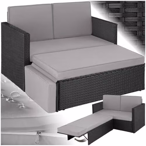 tectake Rattan Garden Furniture Set with 2 Seater Sofa and Ottoman in Black and Grey