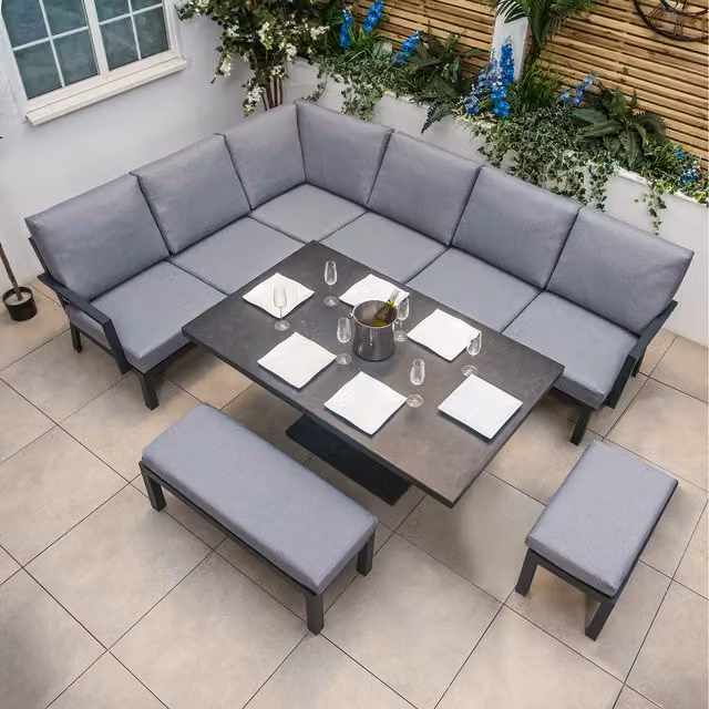 Bracken Outdoors Miami Deluxe Aluminium Rectangular Corner Set with Table, Bench and Stool in Matt Anthracite Grey