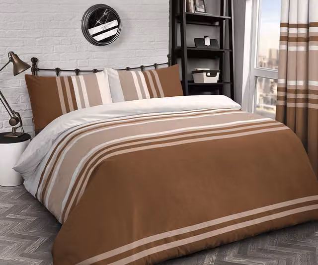 Velosso Reversible Striped Duvet Cover and Pillowcase Set, Brown, W: 140 cm, L: 200 cm