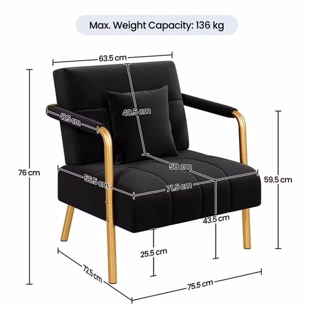 Kelvenix Black Velvet Accent Armchair with Gold Details and Pillow, Width: 75.5 cm – 2