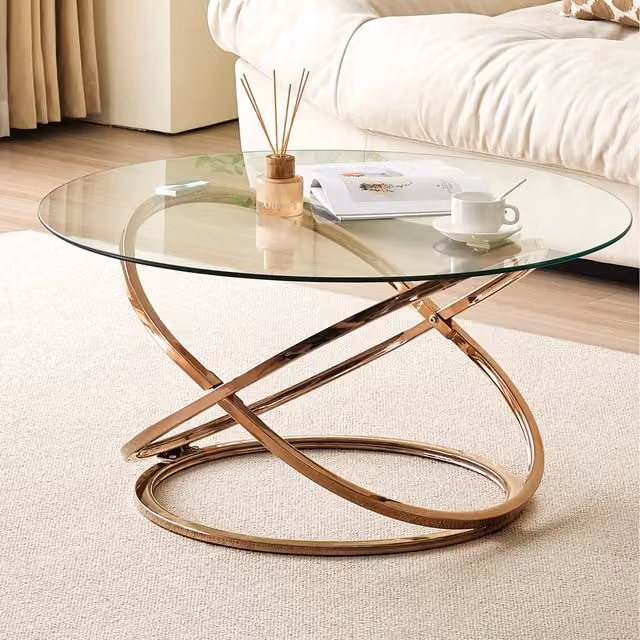 Comfy Living Modern Round Glass Top Coffee Table with Gold Metal Frame