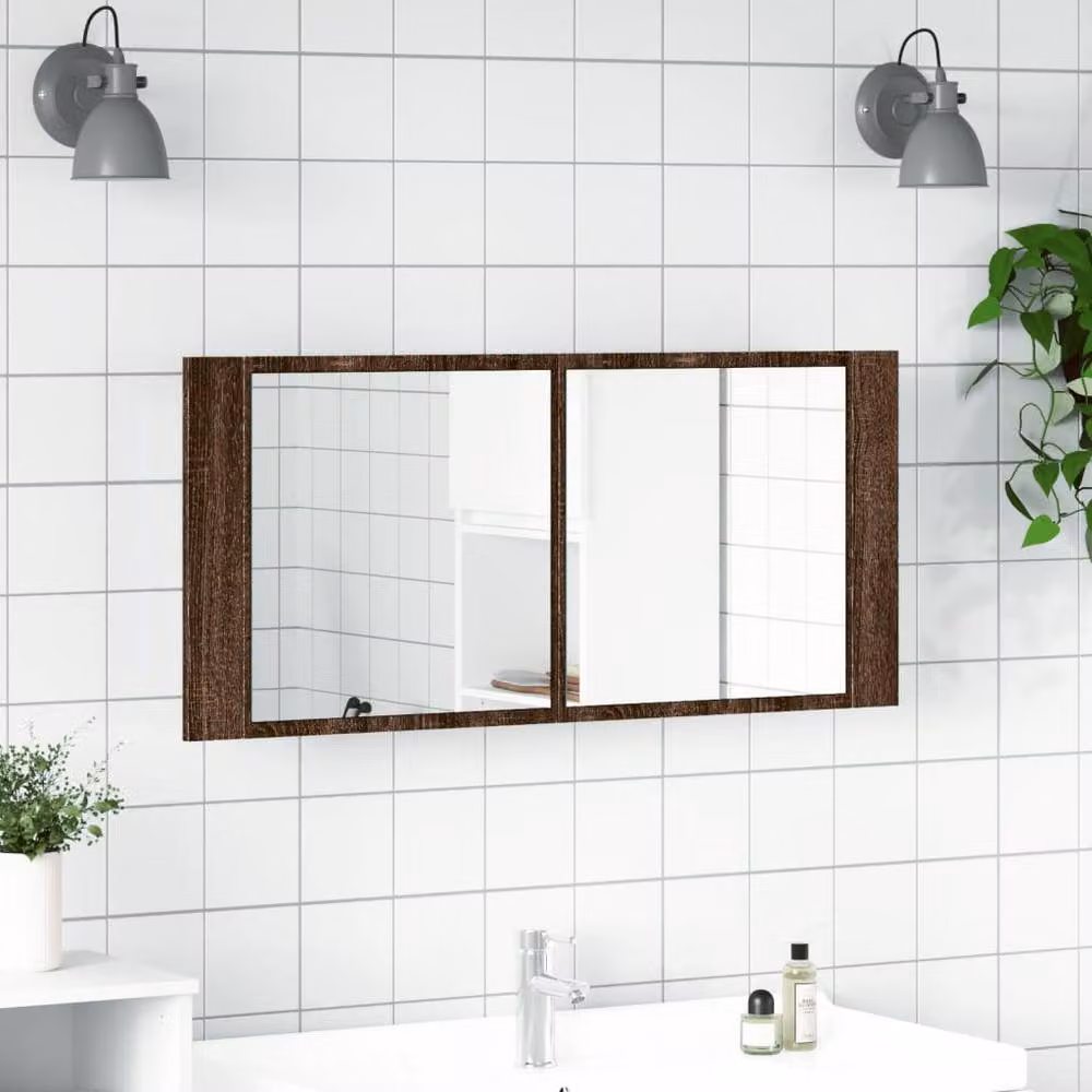 Berkfield Home LED Bathroom Mirror Cabinet in Brown Oak, W/D/H: 100 x 12 x 45 cm – 2