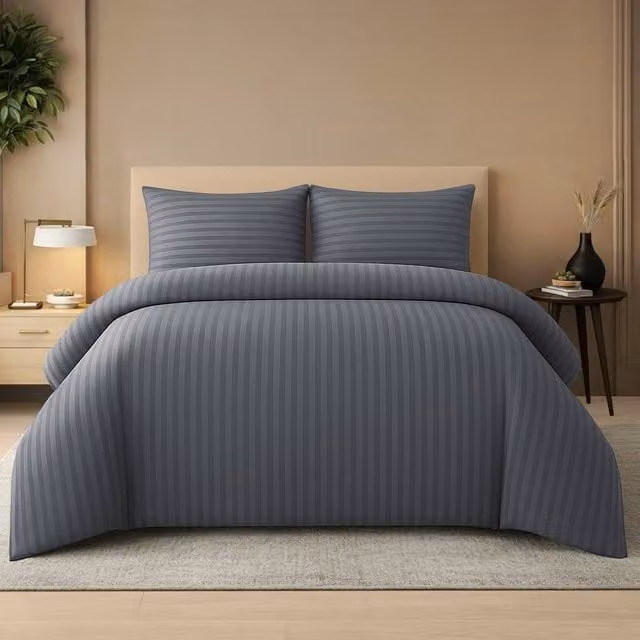 Lazzaro Home Premium Brushed Microfibre Reversible Striped Duvet Cover and Pillowcase Set, Grey, W/D/H: 200 x 200 cm and 140 x 200 cm – 1