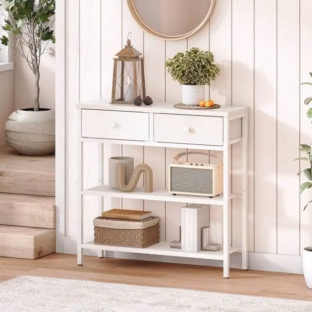 FORGEVIO White Modern Rectangular Hallway Console Table with Glass Top