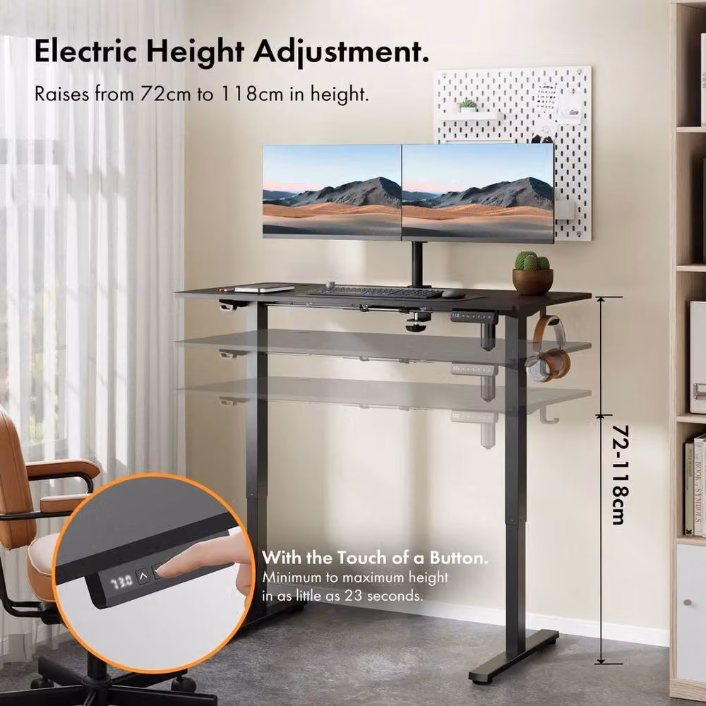 NESTLUNE Electric Height Adjustable Standing Desk in Black with Maple Wood Top, W: 120 cm, D: 60 cm – 2