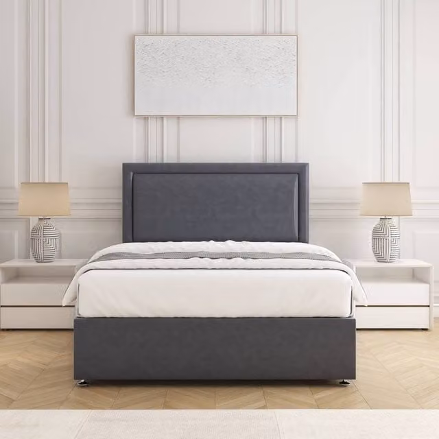 BSSPOKE Ella Single Divan Bed Set with 24 inch Headboard and Mattress in Charcoal Grey Plush Velvet