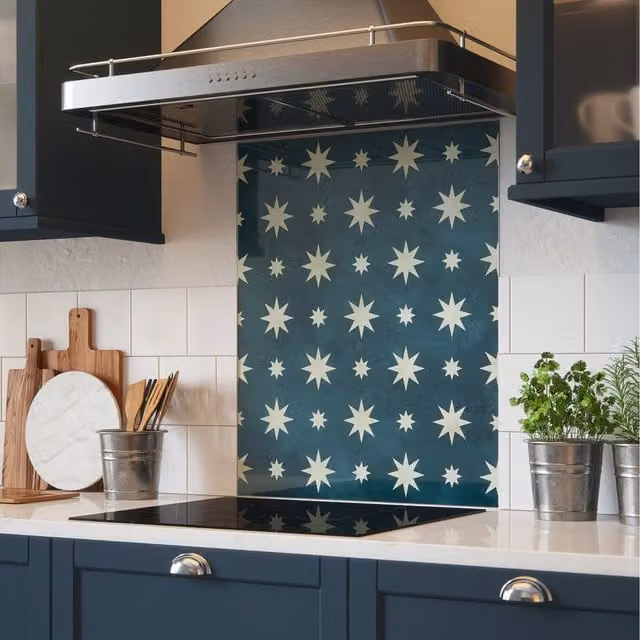 House Beautiful Jasper Indigo Blue Glass Kitchen Splashback, Width: 60 cm