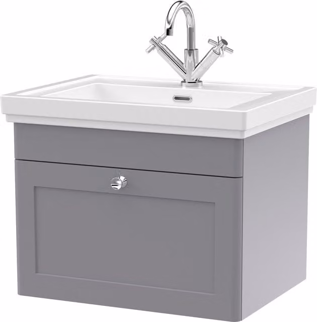 Balterley Wall Hung 1-Drawer Bathroom Vanity Unit and Fireclay Basin, Grey, Width: 60 cm