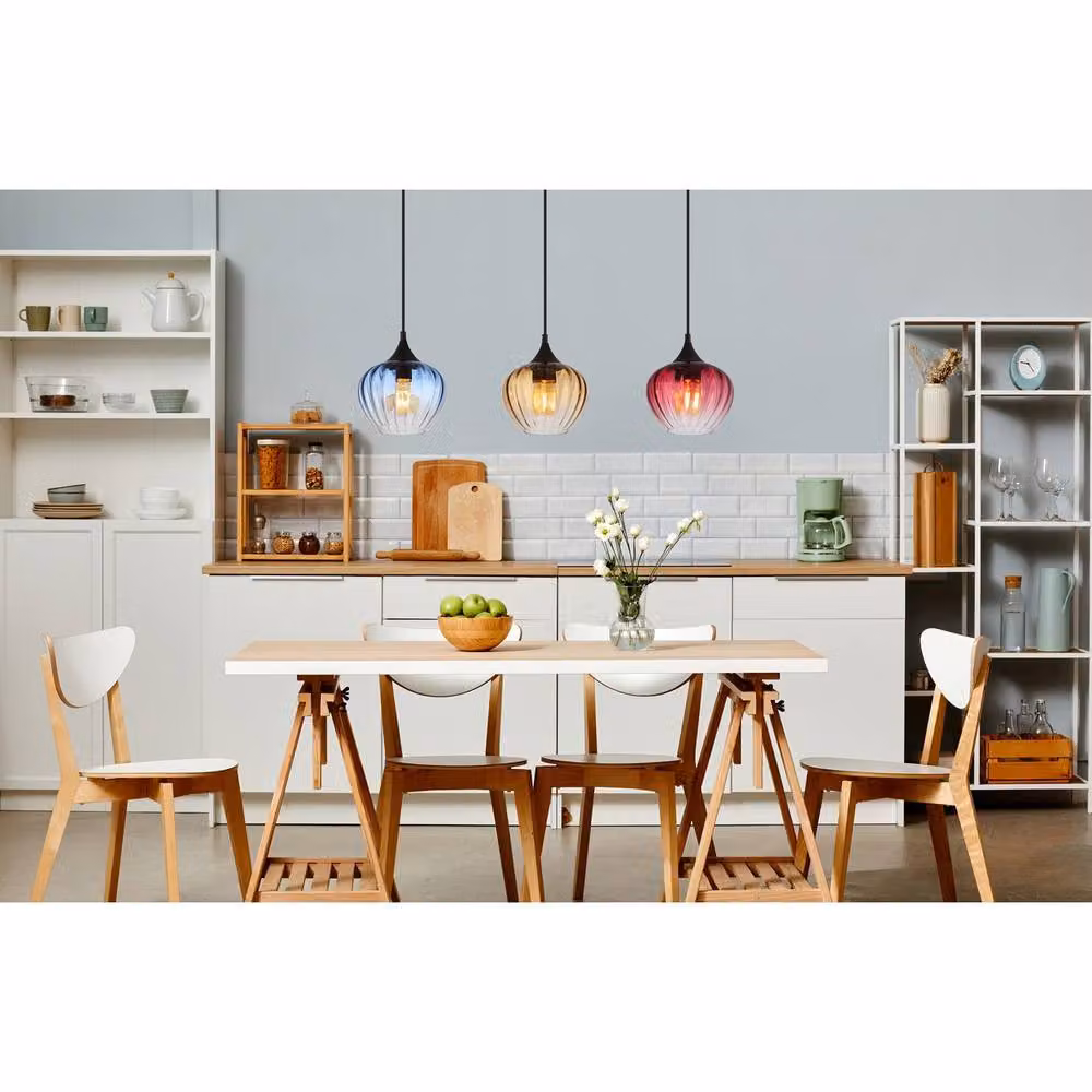 Globo Lighting Modern Bar Pendant Light with Multicolour Glass Shades and Black Metal Finish, 3x E27 Bulbs, Height Adjustable – 6