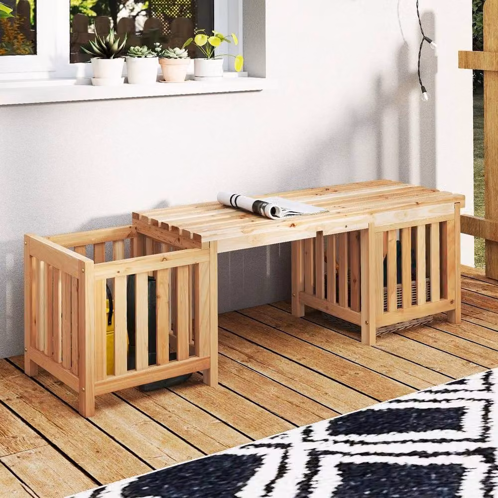 Kelvenix 2 Person Wooden Patio Bench with 2 Side Flower Boxes in Natural Brown and Beige – 2