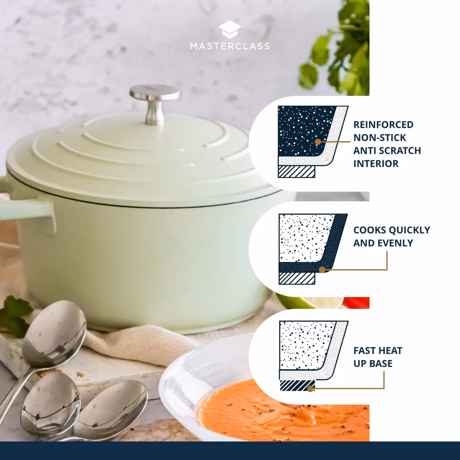 MasterClass Cast Aluminium Non-Stick Green Casserole Dish with Lid, 4L, Diameter: 24 cm – 4