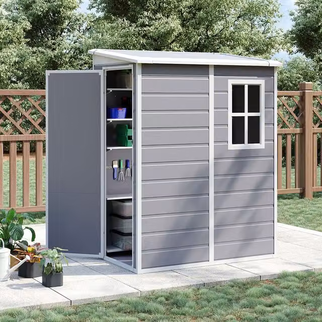Breeins Grey Plastic Pent Garden Storage Shed with Single Side Opening Door