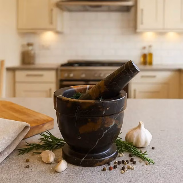 Orsina Black Marble Mortar and Pestle with Non-Slip Base