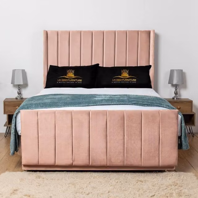 UK Bed Furniture Seoul Wingback Divan Bed Base with 54 Inch Headboard in Pink, Super King, W/D/H: 200 x 200 x 137.16 cm