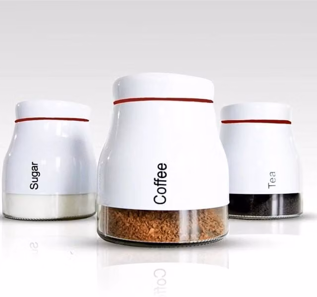 FLAVORA Set of 3 White and Transparent Glass Kitchen Storage Canisters for Tea, Coffee and Sugar – 1