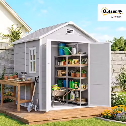 Outsunny Grey Resin Garden Shed with Double Doors, Window, Floor and Side Vents, W/D/H: 182 x 151 x 219 cm – 2