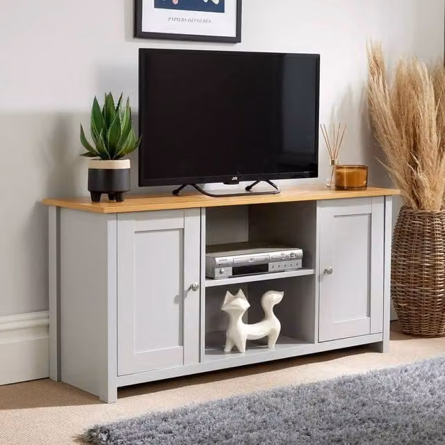 Home Source Modern Matt Grey TV Media Stand with 2 Storage Cupboards and Shelf