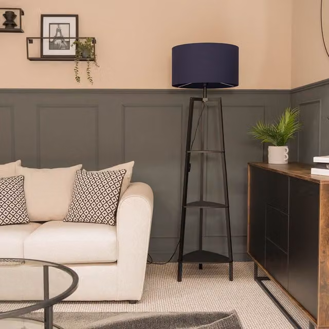 Hiru 3 Tier Shelf Floor Lamp with Drum Lampshade in Navy Blue