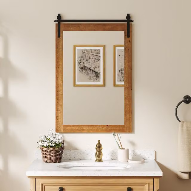 COSTWAY Rustic Rectangular Wood Wall Mirror in Brown