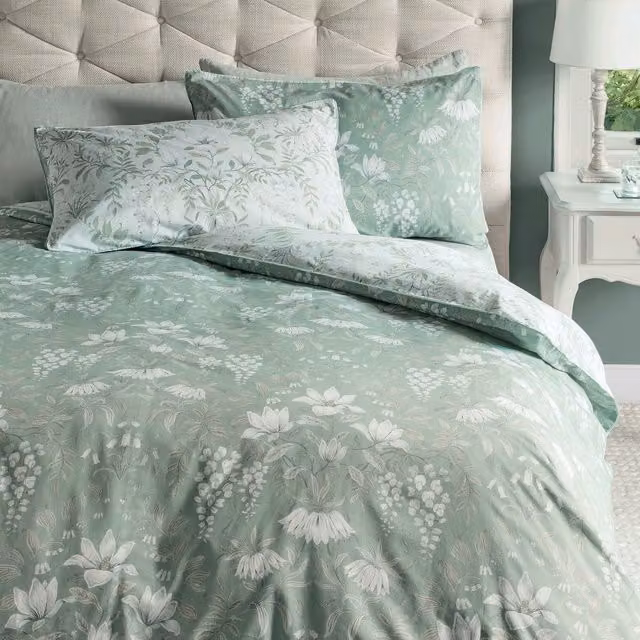 Laura Ashley Parterre Reversible Floral Cotton Mako Satin Duvet Cover and Pillowcase Set in Sage Green