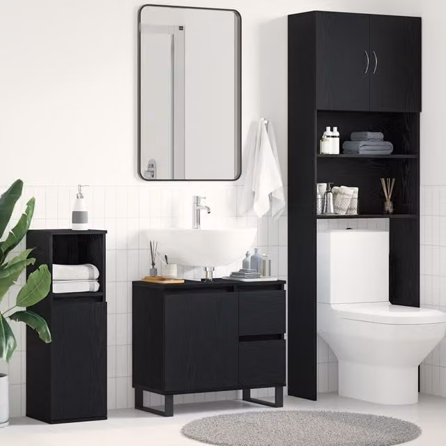 Berkfield Home Black Oak Bathroom Sink Cabinet with Hinged Doors and Internal Drawers, W/D/H: 65 x 33 x 60 cm