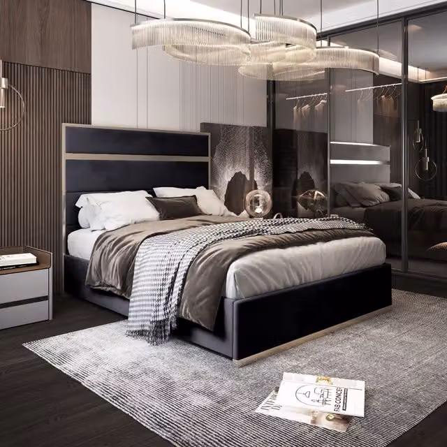 KDMD Bentley Small Double Upholstered Velvet Bed Frame in Black with Metal Details, W/D/H: 120 x 137 x 128 cm – 1