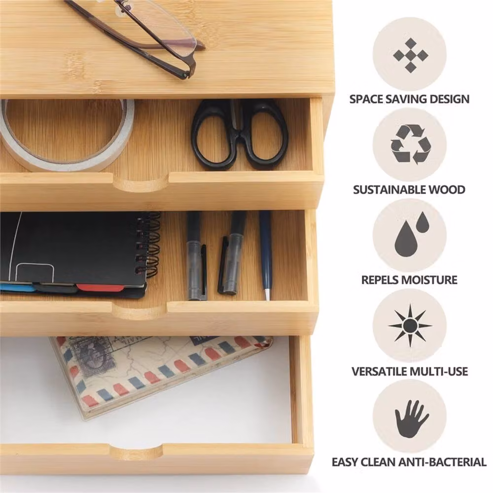 VOGREX Brown Bamboo Desk Drawer Organiser Tray and Multi-Compartment Storage Divider – 2