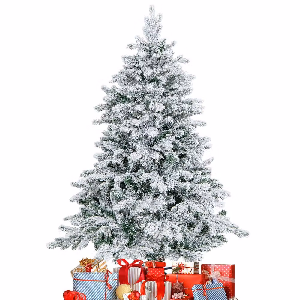 Gymax 4.5 FT Pre-Lit Flocked Christmas Tree with 757 Branch Tips and 120 Lights in Green and White – 2