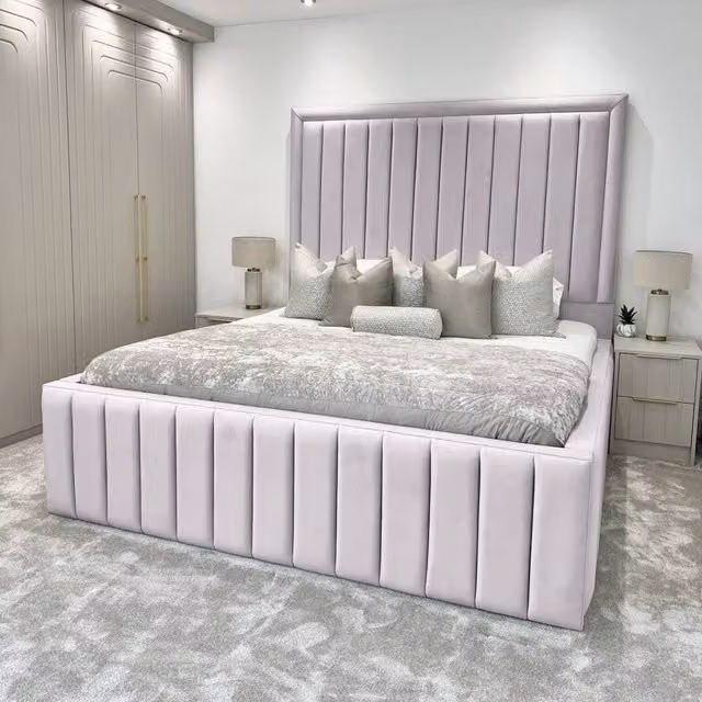 Living Comfort Bedz Hampton Upholstered Slatted Base Bed with 54-Inch Panel Headboard in Silver, Small Double, W/D/H: 120 x 200 cm
