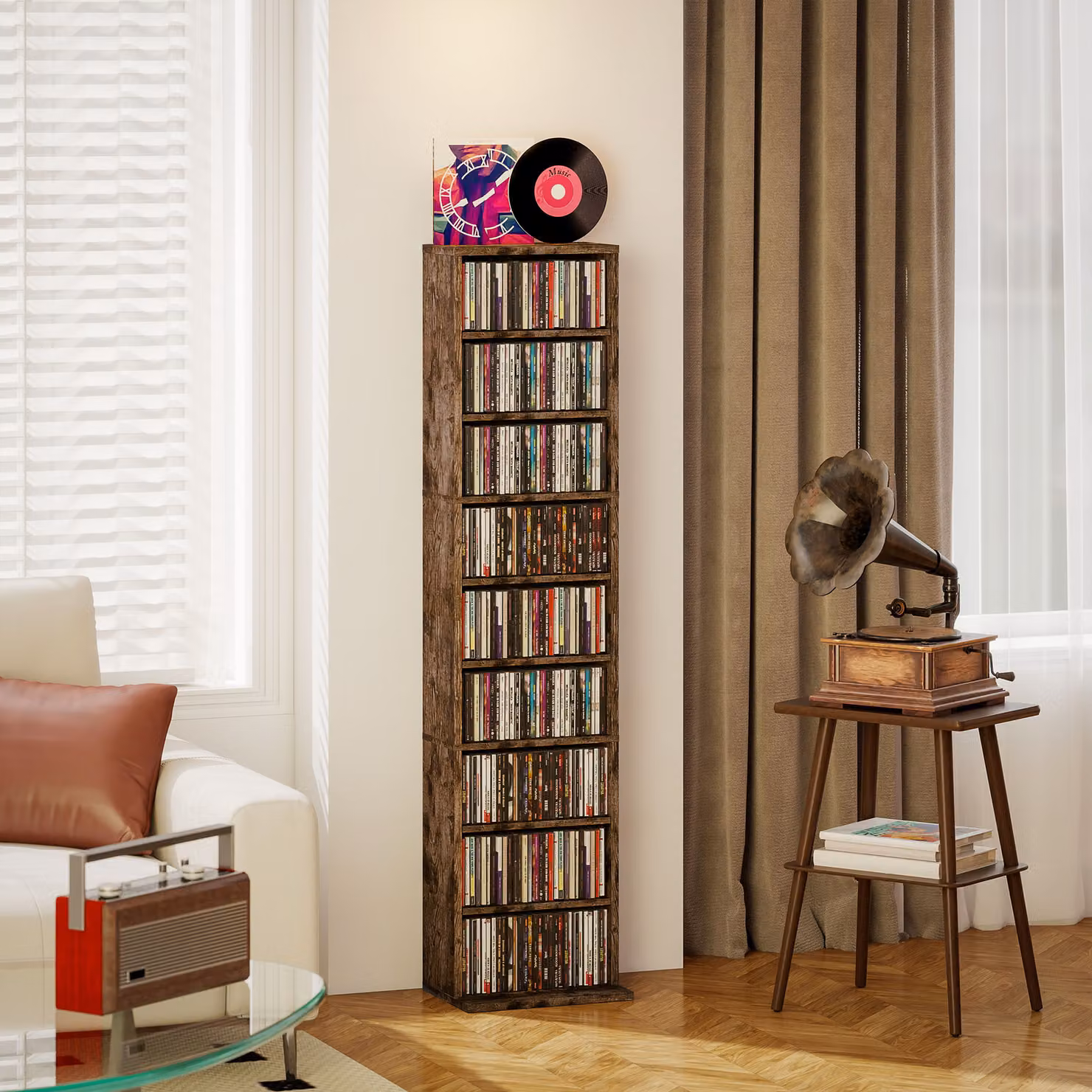 HOMCOM Narrow Wall Mounted CD Storage Unit with Adjustable Shelves and Media Compartments in Rustic Brown – 2