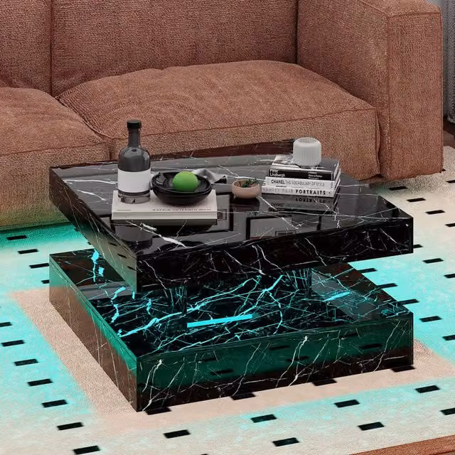 KEEPREAPER Modern Square Coffee Table with Storage and LED Light in Black Marble Finish