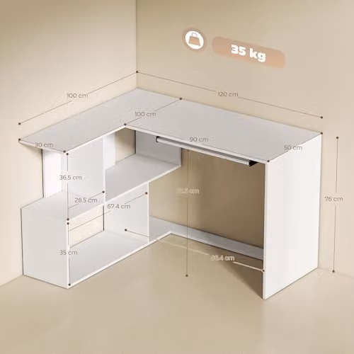 HOMCOM L-Shaped Corner Desk in White, W/D/H: 120 x 100 x 76 cm – 3