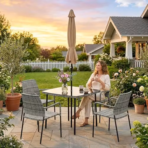 Outsunny 4 Seater Rattan Dining Set with Glass Table and Parasol, Grey – 6